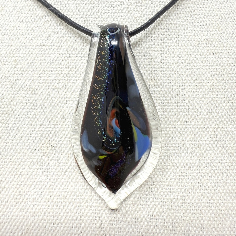 Lampwork Art Glass Necklace Artisan Crafted Teardrop‎ Pendant Black Multi Color